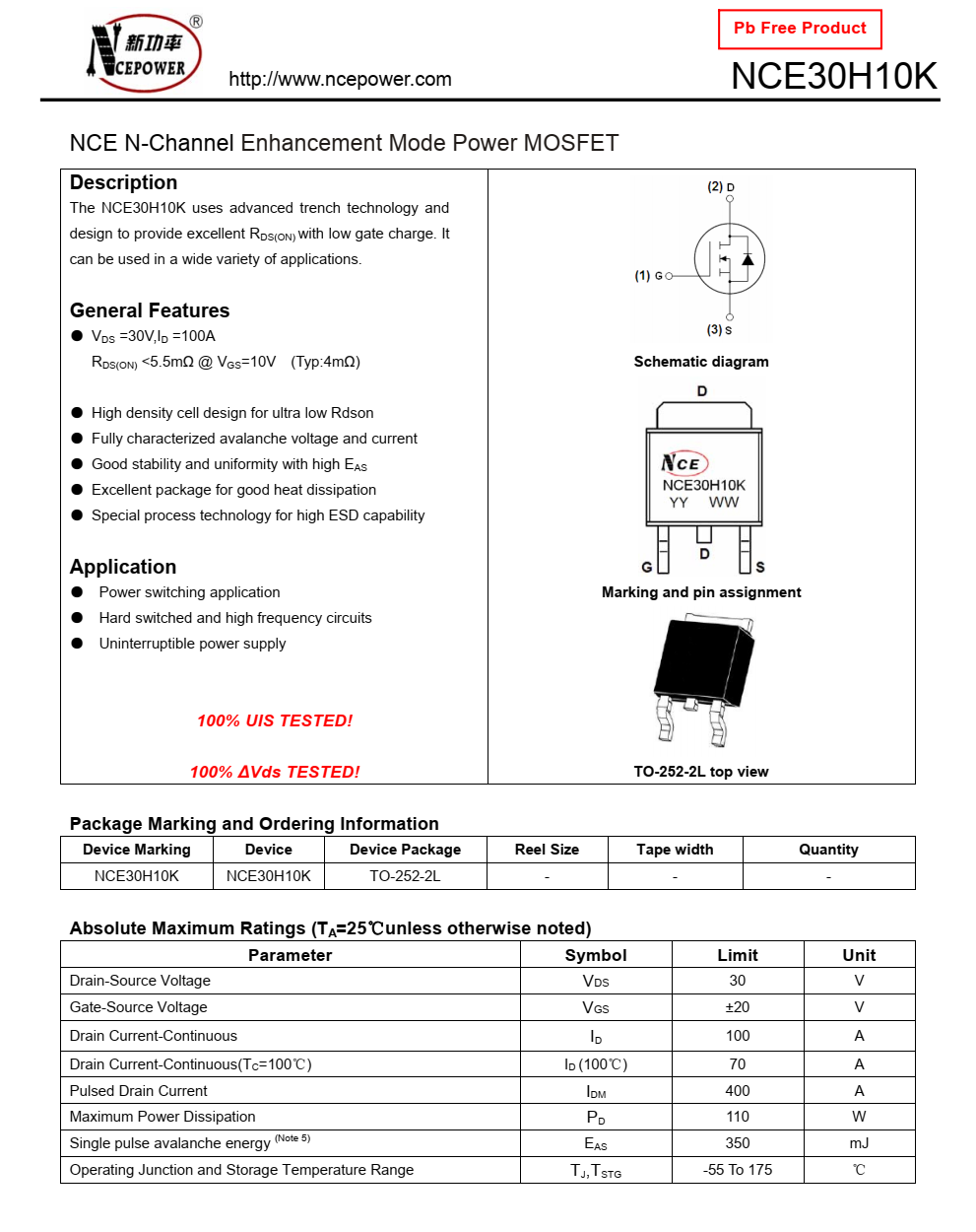 NCE30H10K封装TO252品牌芯洁能，质量可靠