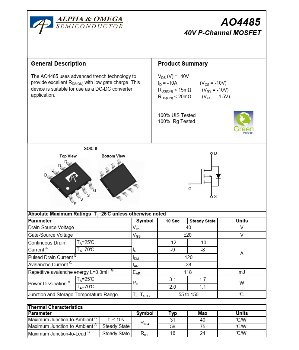 原装供应AO4485品牌美国万代SOIC-8封装，原厂技术支持