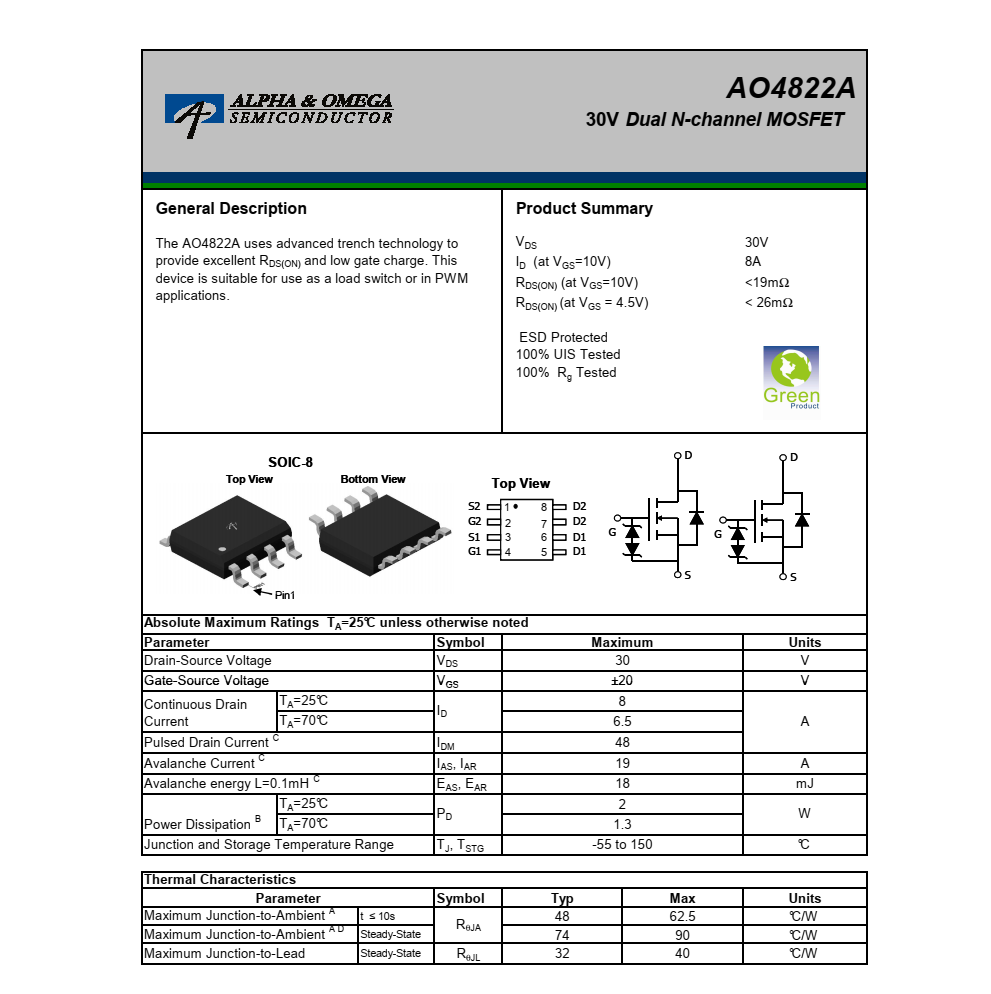 AO4822A美国万代SOIC-8封装，原厂技术支持