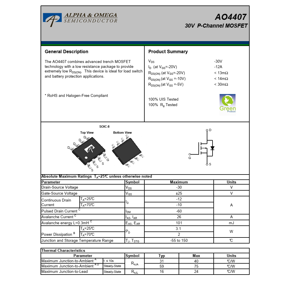 美国万代AO4407封装SOIC-8，原厂技术支持