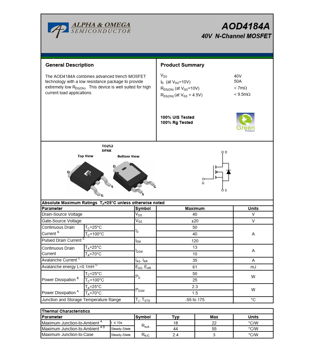 全新正品供应AOD4184A封装TO252品牌美国万代
