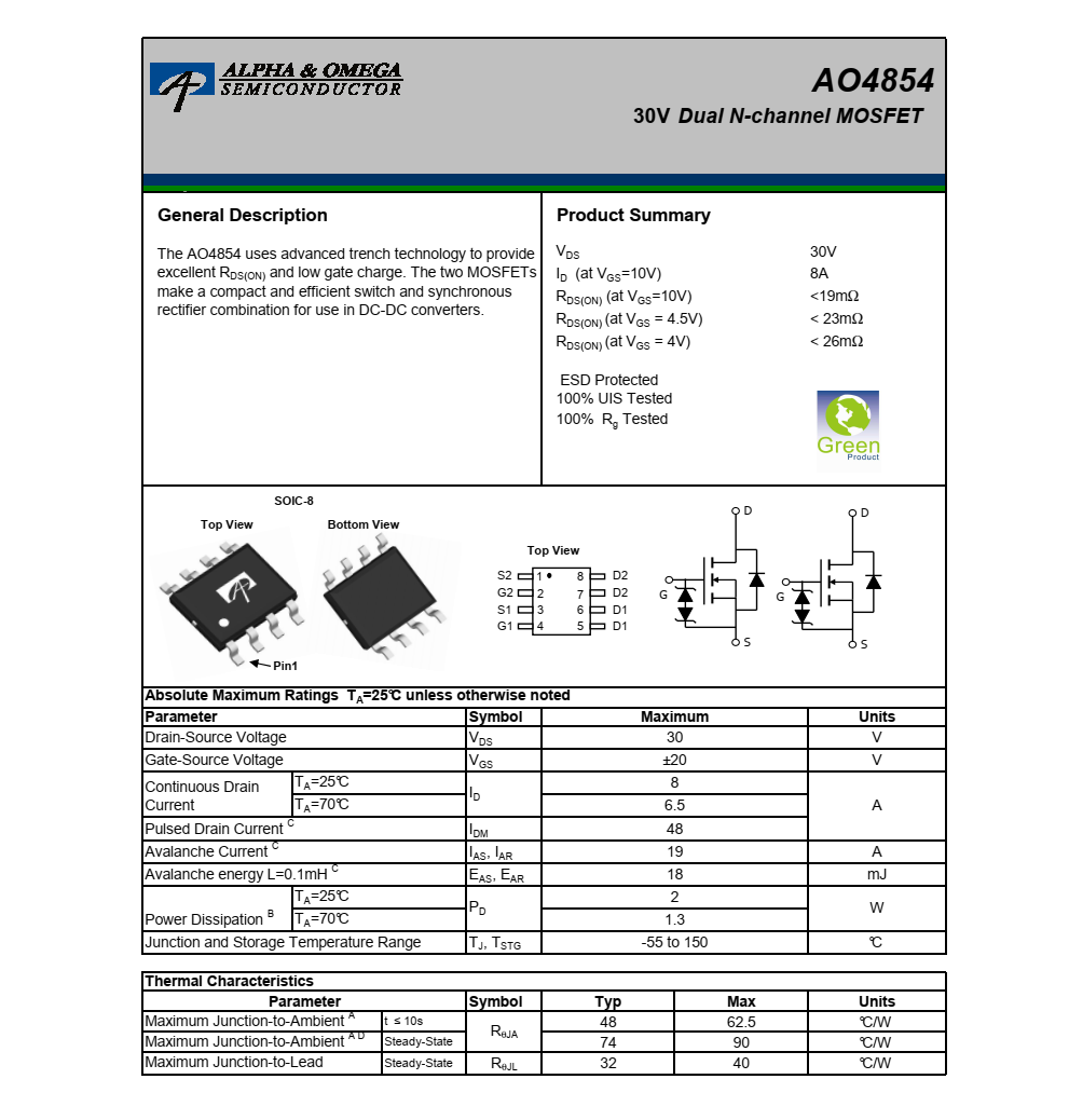原装现货AO4854封装SOIC-8品牌美国万代，原厂技术支持