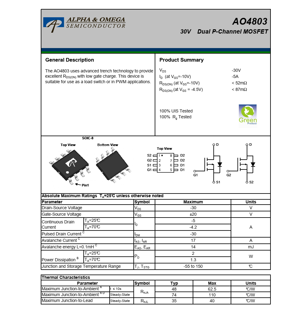 原装现货AO4803封装SOIC-8品牌美国万代