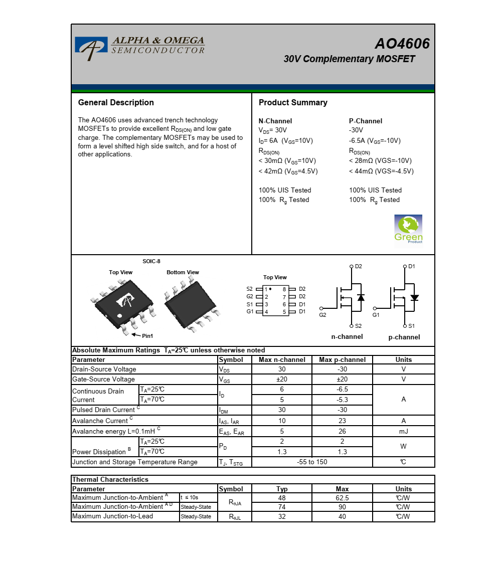 原厂正品AO4606封装SOIC-8品牌美国万代，技术支持