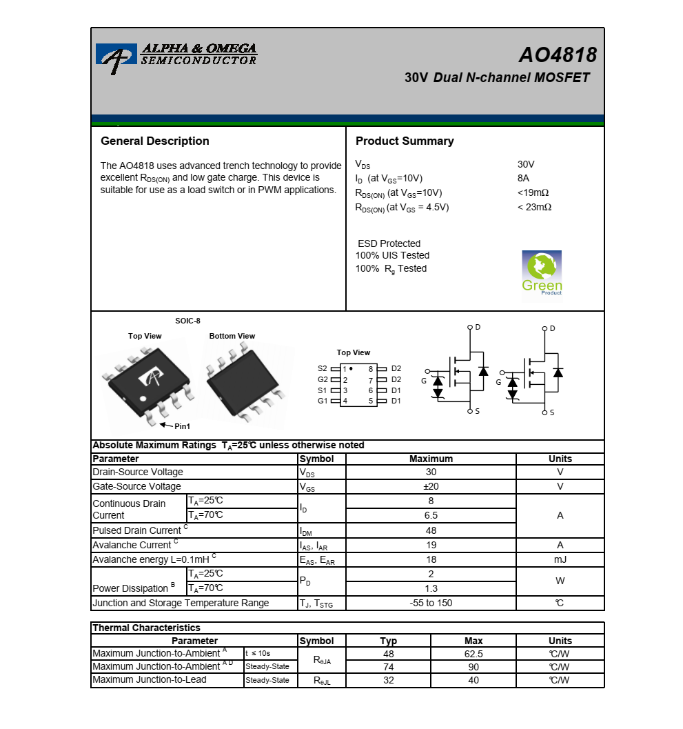 原装供应AO4818品牌美国万代SOIC-8封装