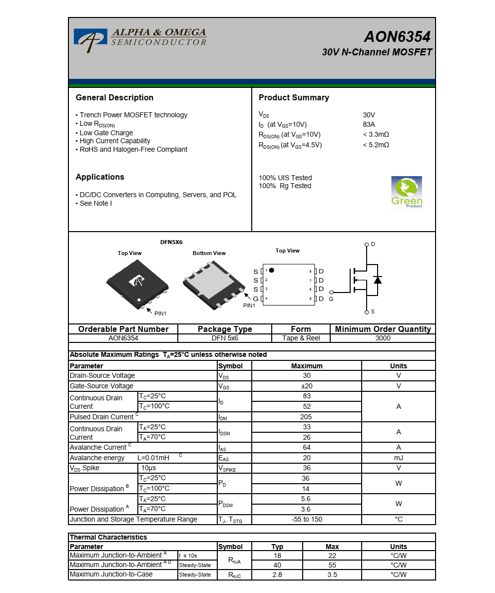 全新技术支持AON6354封装DFN5*6品牌美国万代