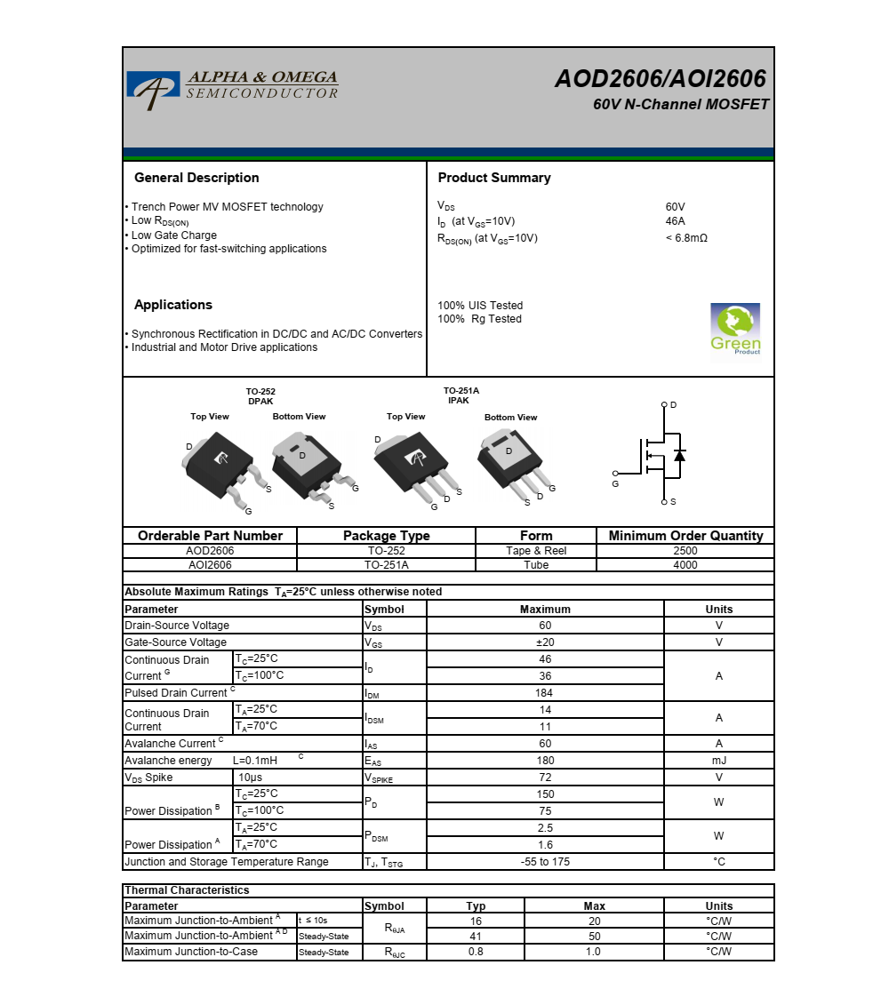 全新现货AOD2606品牌美国万代TO252封装，技术支持