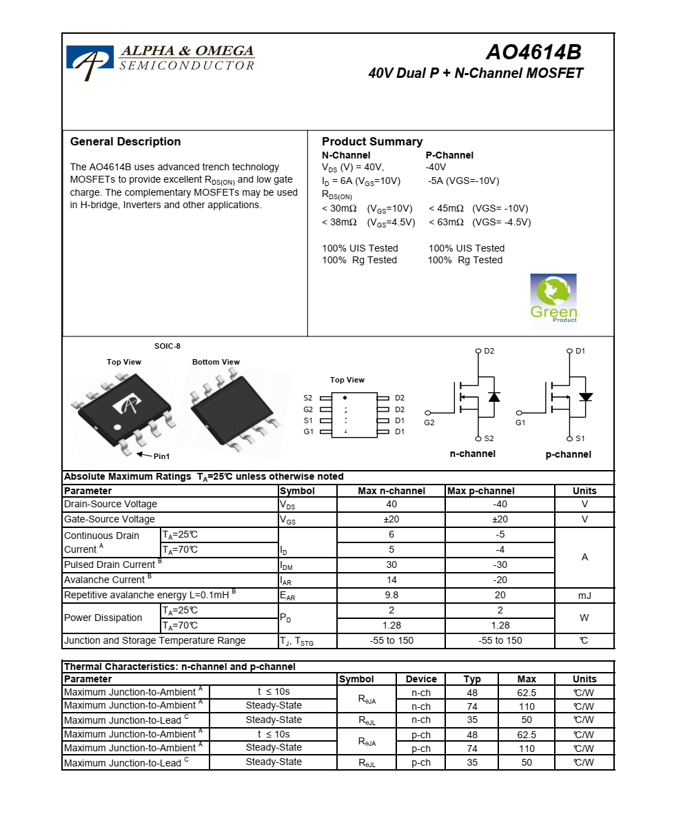 原装现货AO4614B美国万代SOIC-8封装，原厂技术支持