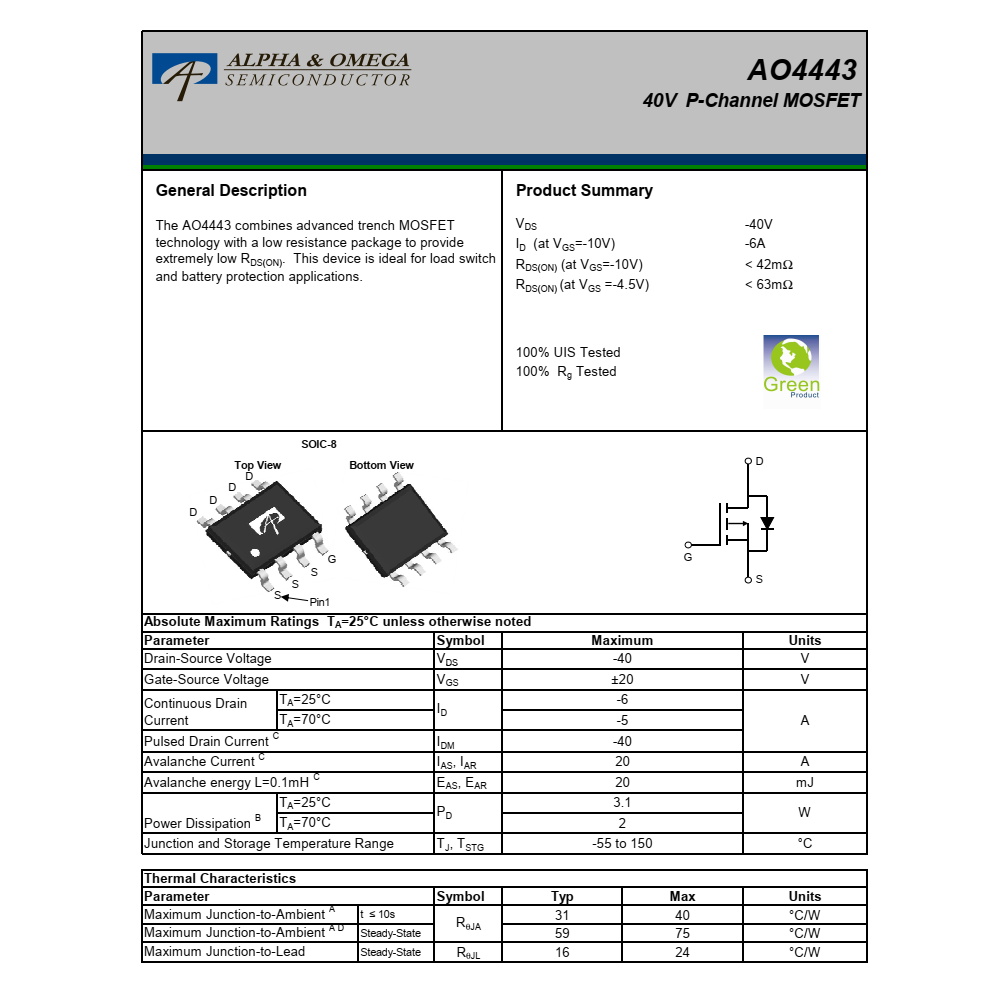 AO4443美国万代SOIC-8封装，原厂技术支持