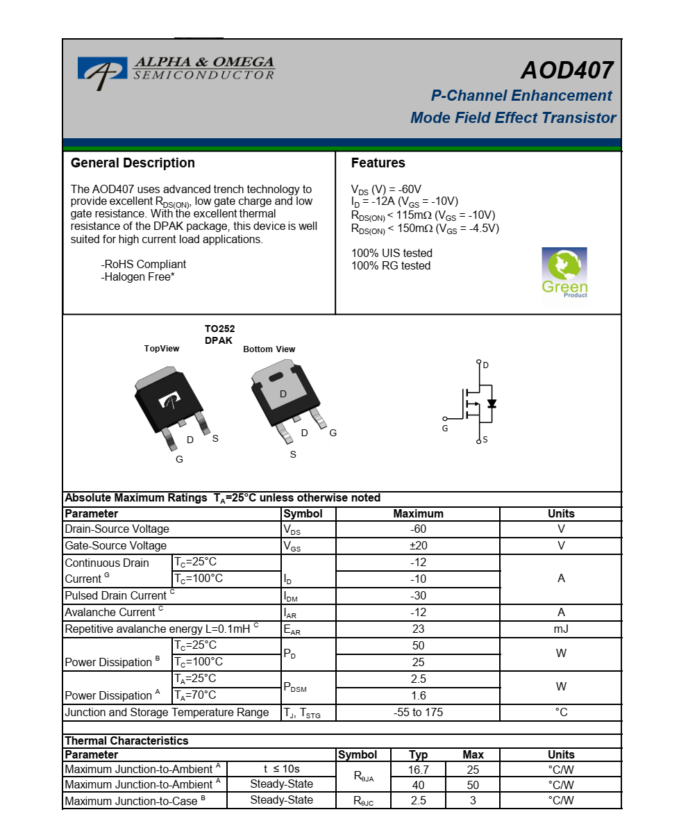 全新供应AOD407品牌美国期待TO252封装，技术支持
