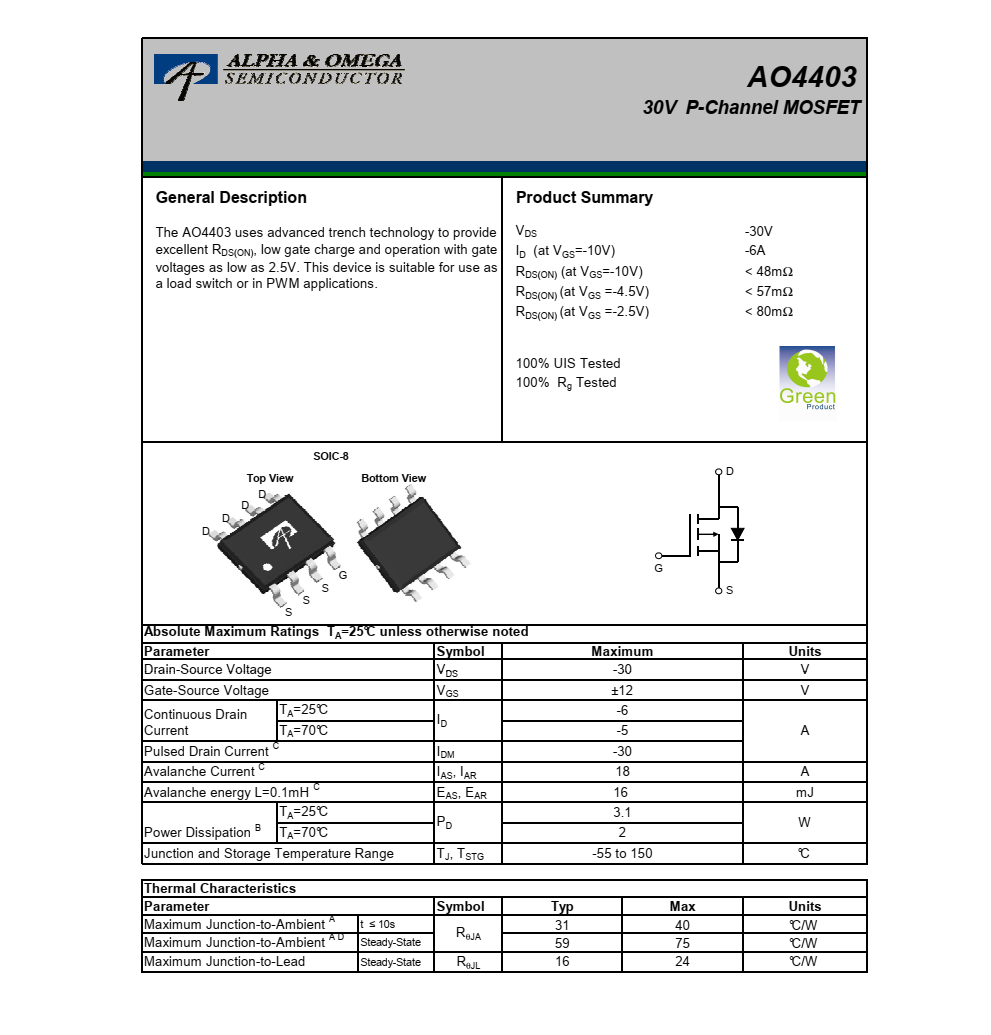 原装全新供应AO4403封装SOIC-8品牌美国万代，原厂技术支持