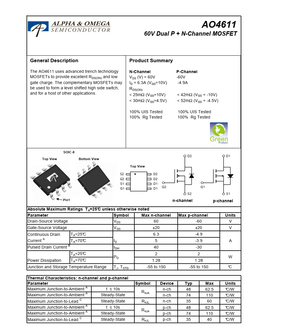 AO4611美国微微的SOIC-8封装，长期供货稳定