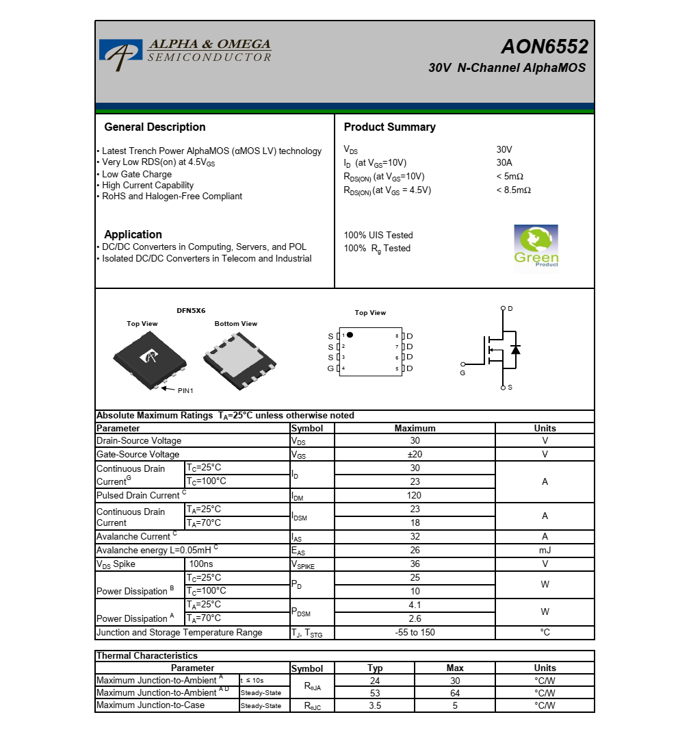 原装全新供应AON6552，封装DFN5*6品牌美国万代