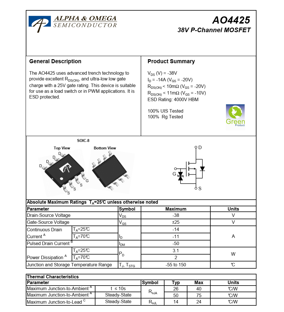 原装现货AO4425封装SOIC-8品牌美国万代，原厂技术支持