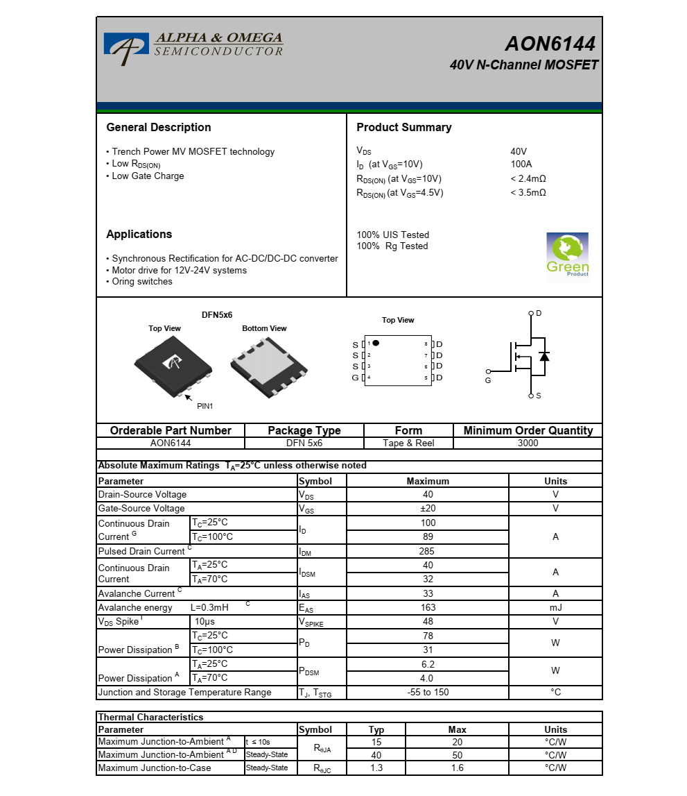 原装现货AON6144品牌美国万代DFN5*6封装，技术支持