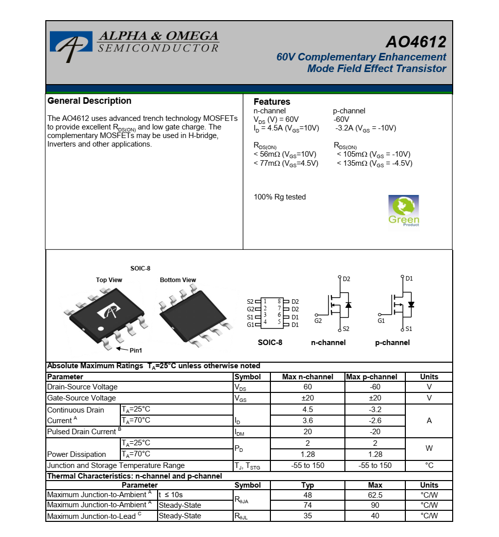 原装供应AO4612美国万代SOIC-8封装，原厂技术支持
