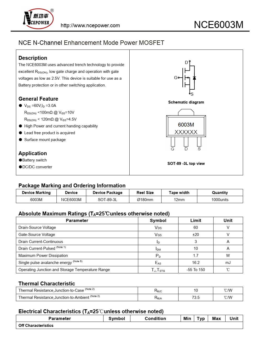 全新正品NCE6003M品牌新洁能SOT89-3封装