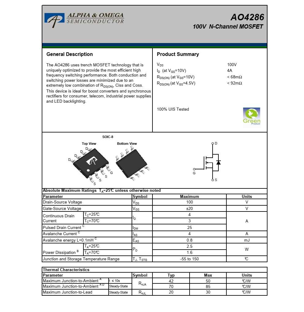 AO4286美国万代SOIC8封装，原装现货，技术支持