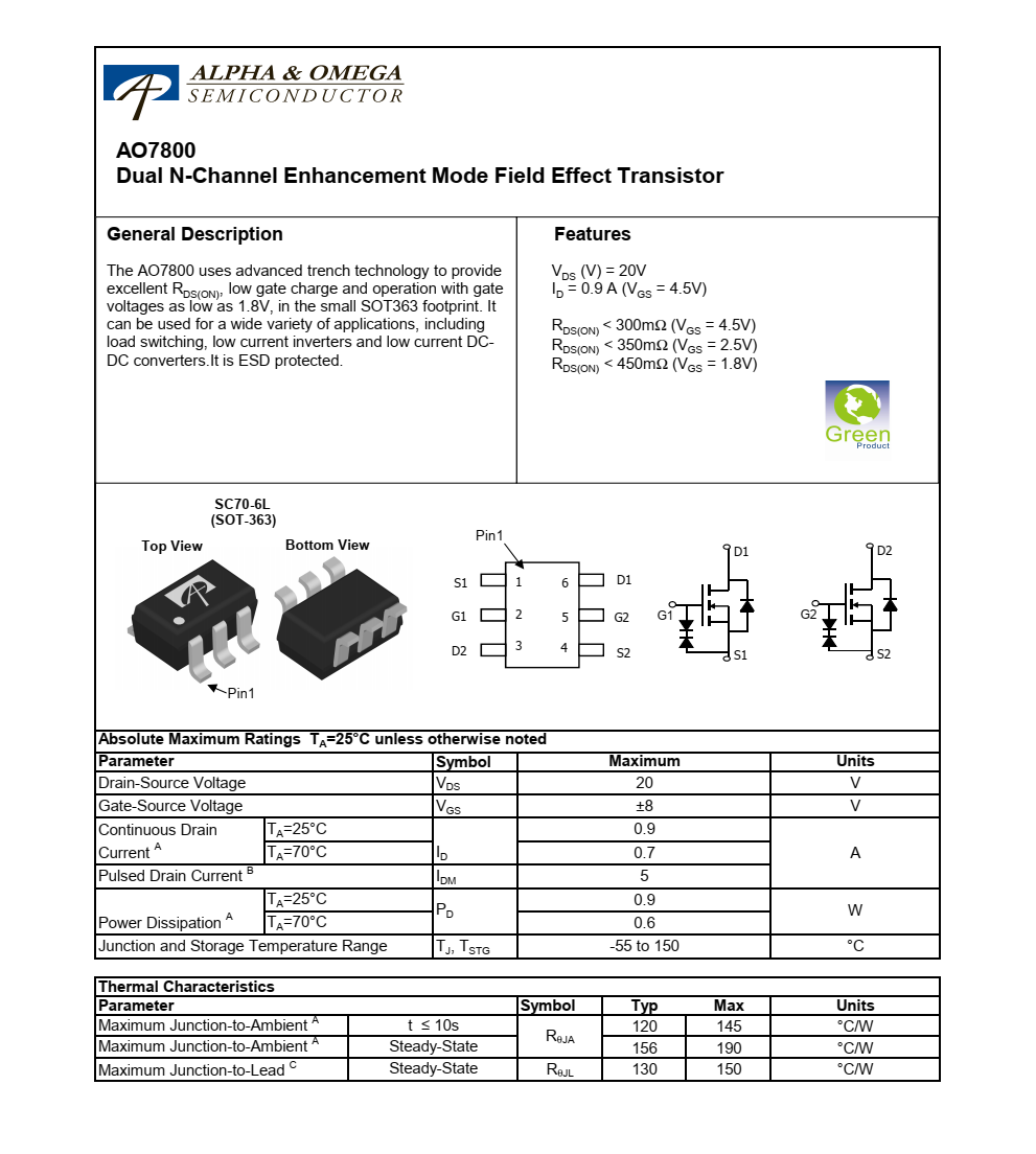 AO7800品牌美国万代SOT-363封装，原厂技术支持