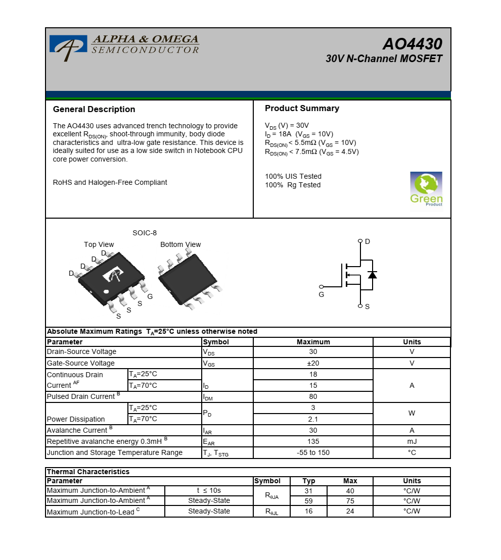 全新供应AO4430封装SOIC-8品牌美国万代，技术支持