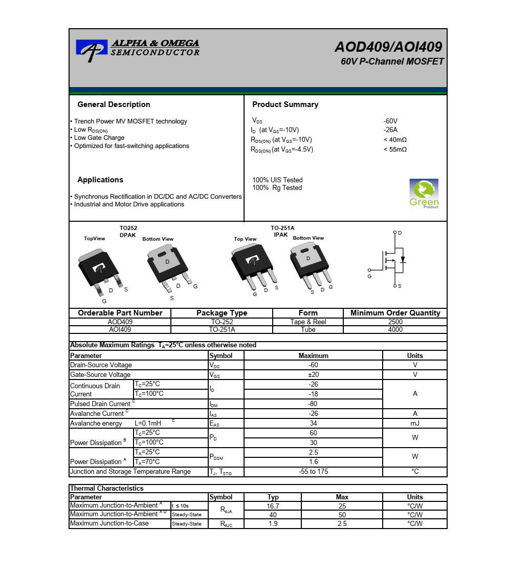 AOD409品牌美国万代TO252封装，原厂技术支持