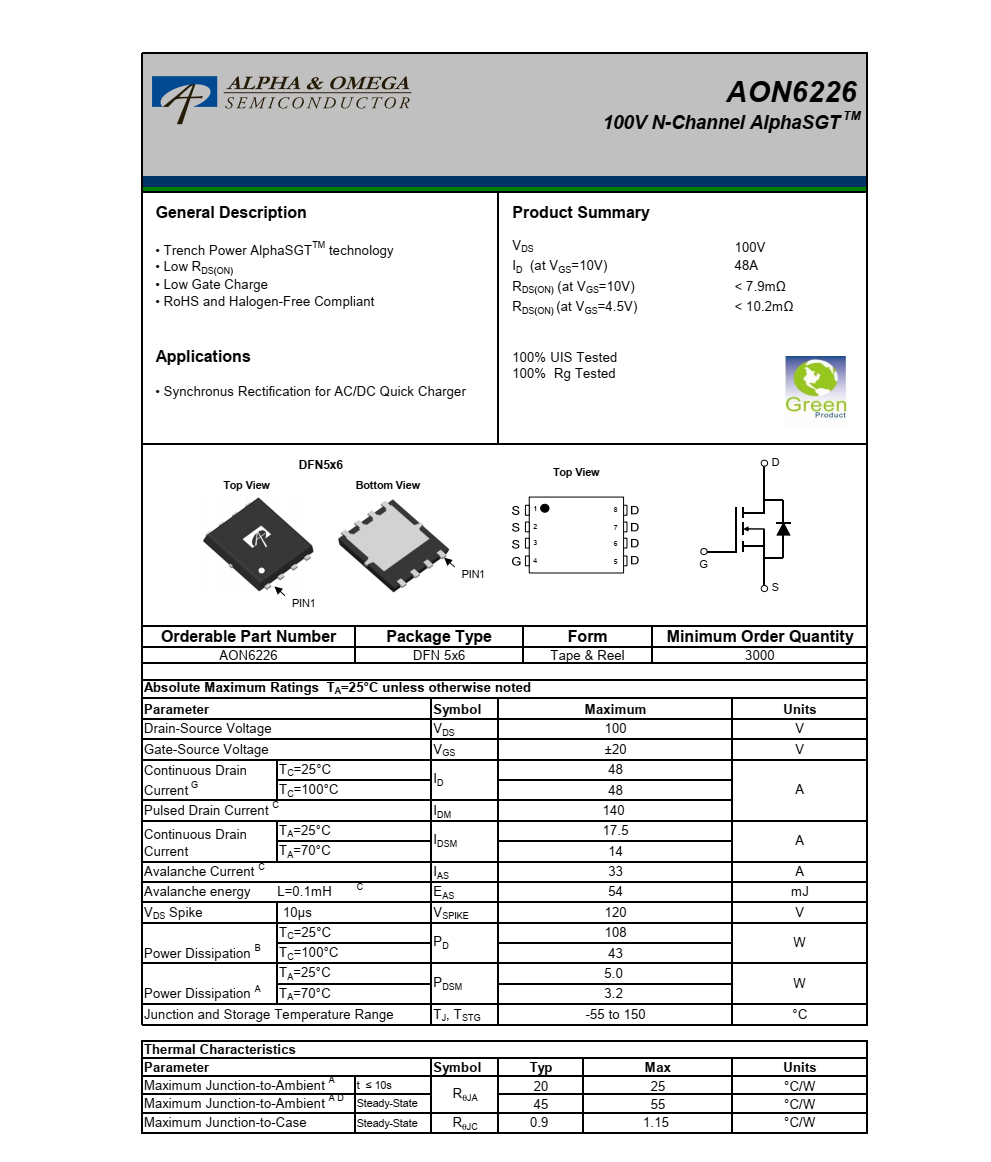AON6226封装DFN5*6品牌美国万代，质量可靠