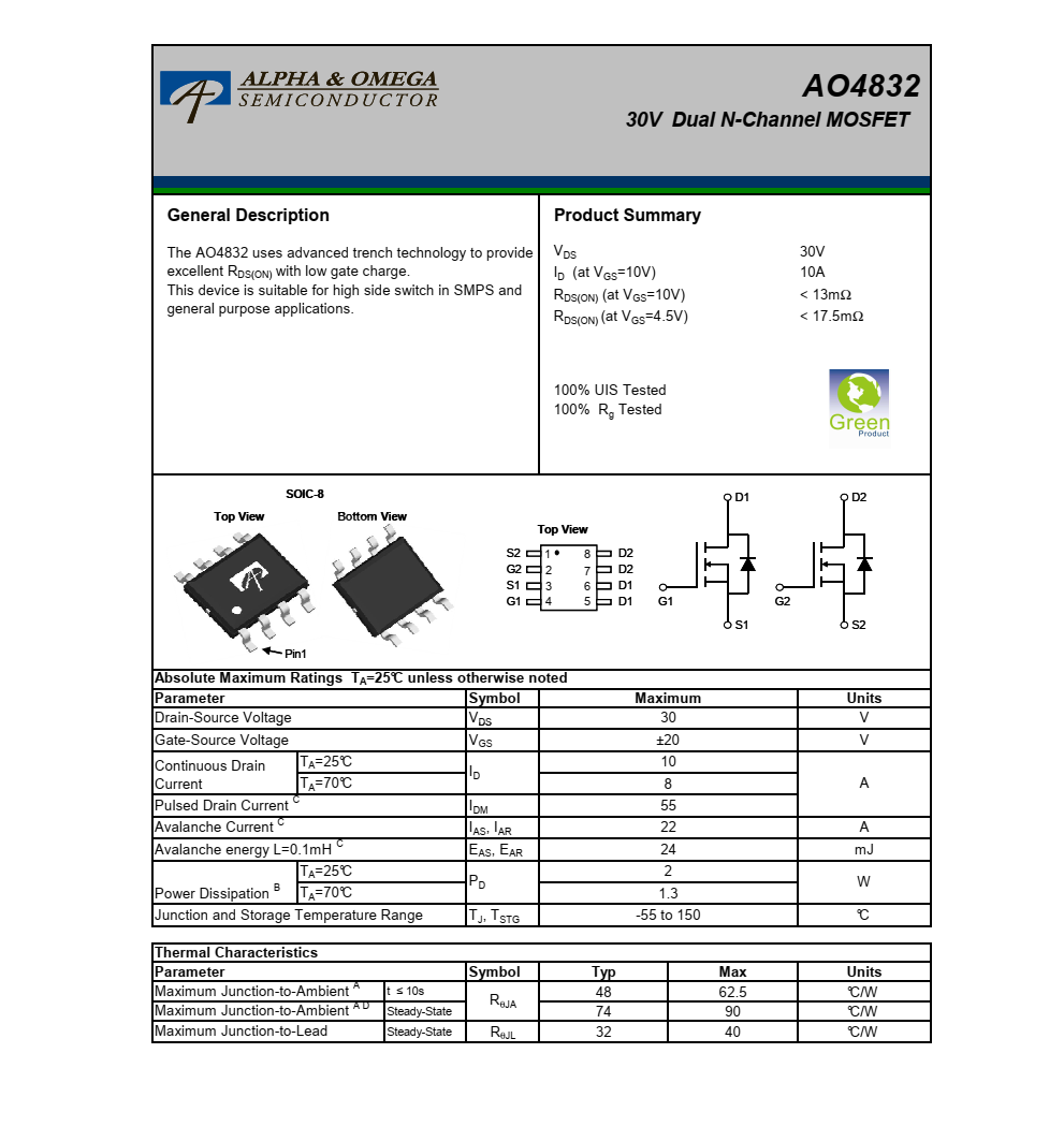 AO4832美国万代SOIC-8封装，全新现货支持