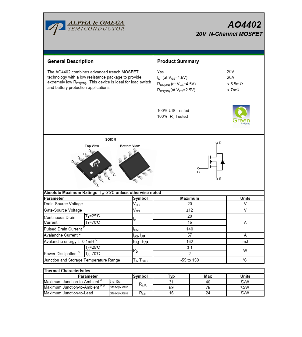 AO4402封装SOIC-8品牌美国万代，原装现货