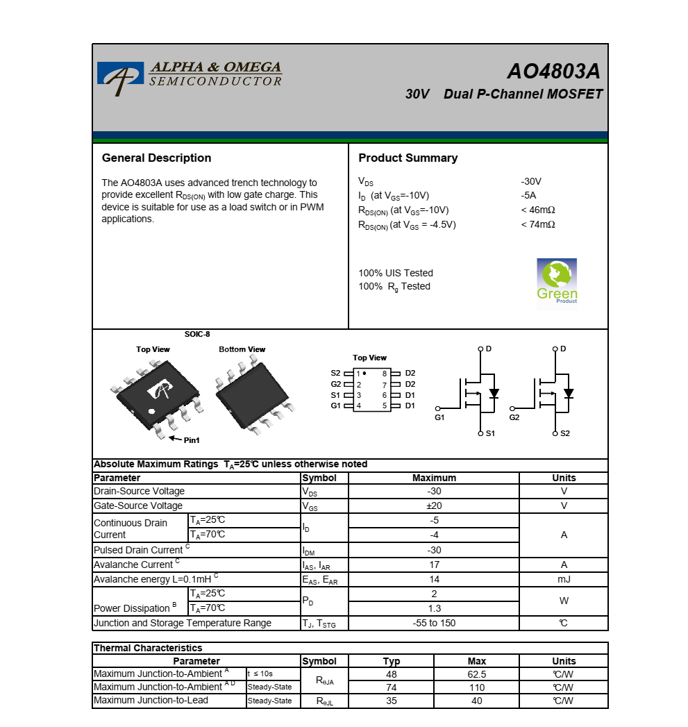 AO4803A原装正品美国万代SOIC-8封装，技术支持
