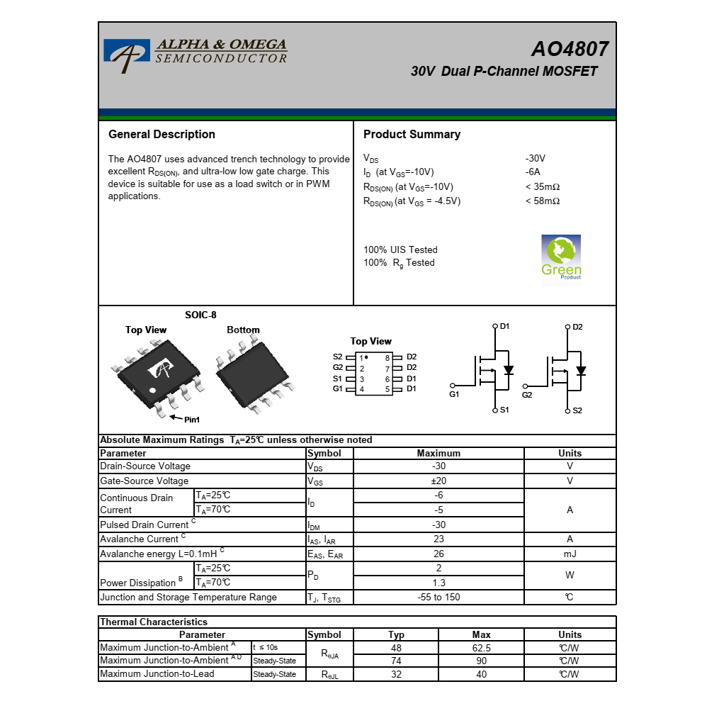 原装供应AO4807封装SOIC-8品牌美国万代，质量可靠