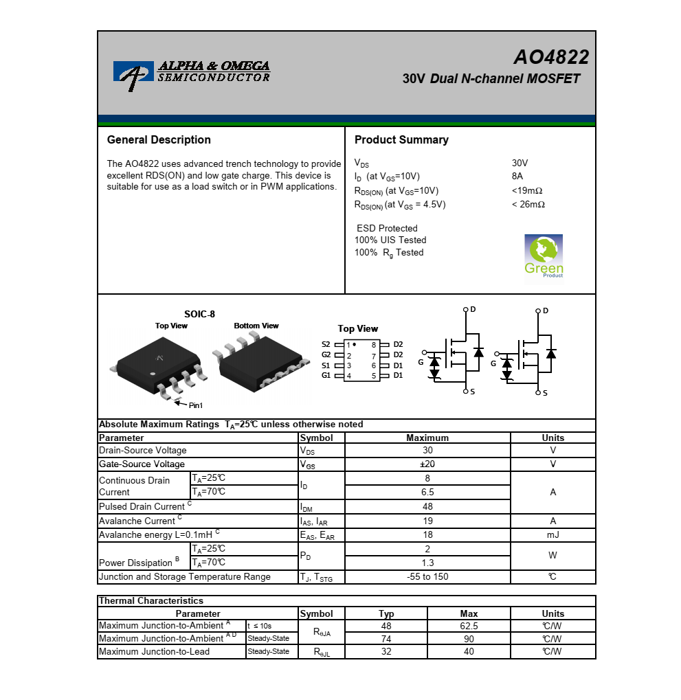 AO4822品牌美国万代SOIC-8封装，原厂技术支持
