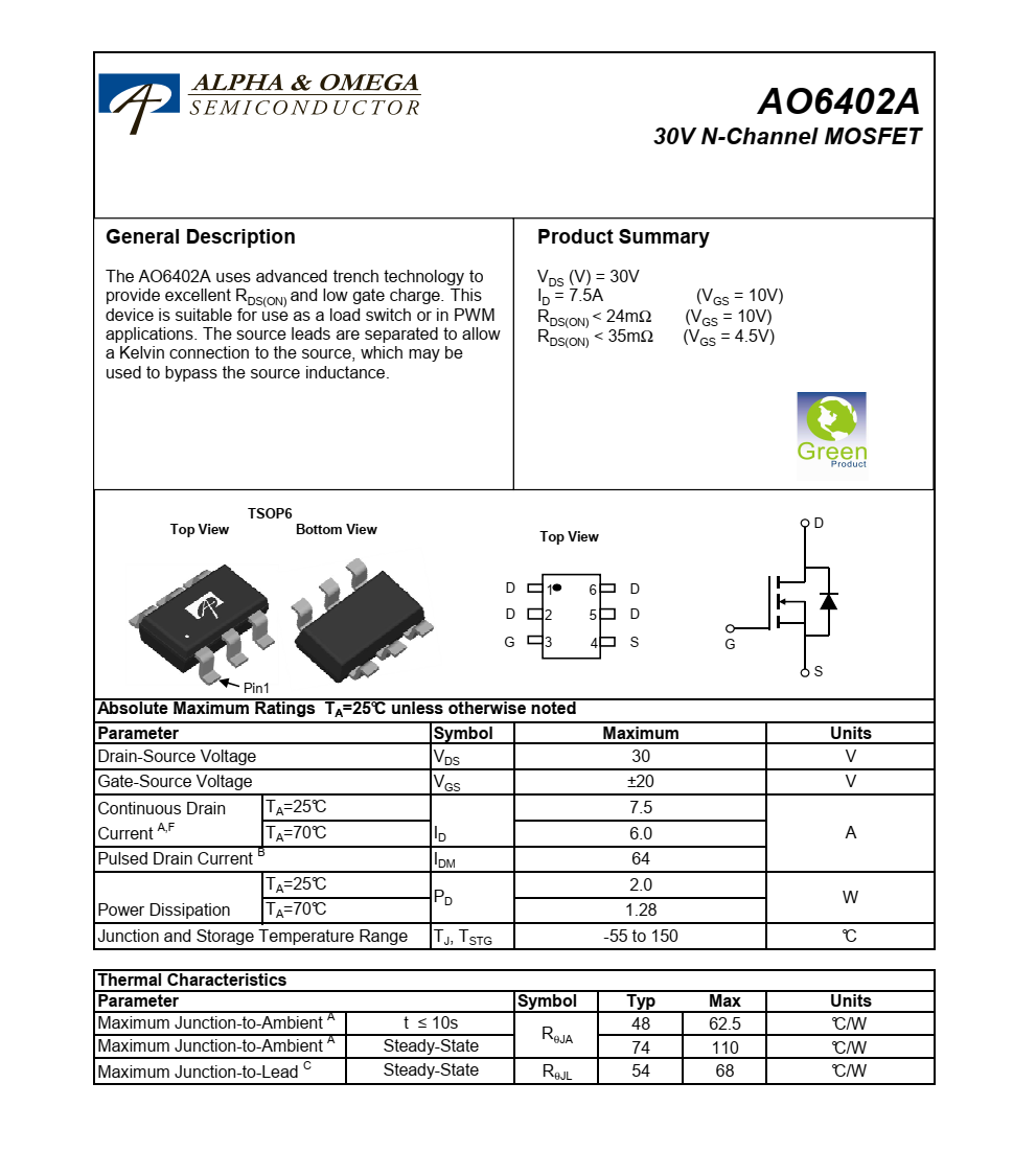 原厂现货AO6402A品牌美国万代TSOP6封装，质量可靠
