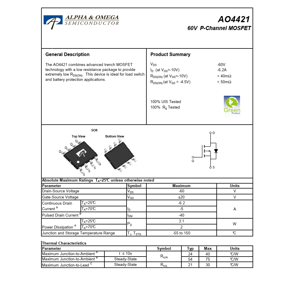 全新供应AO4421品牌美国清淡SOIC-8封装，现货支持