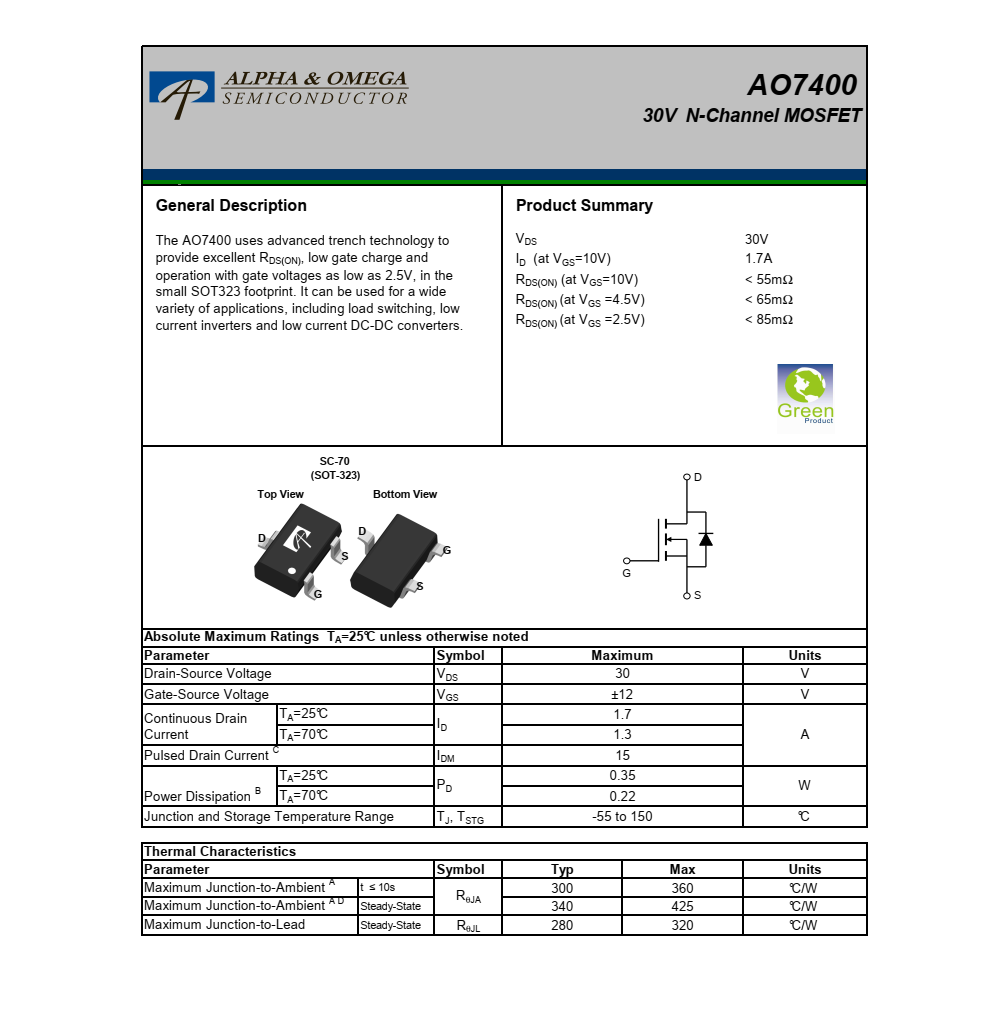 AO7400品牌美国万代SOT-323封装，原厂技术支持