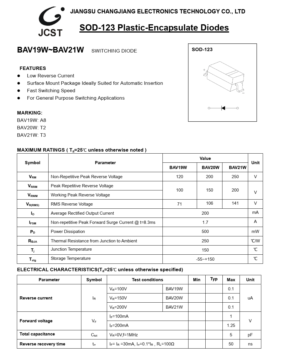 原装现货供应BAV21W封装SOD-123品牌长电