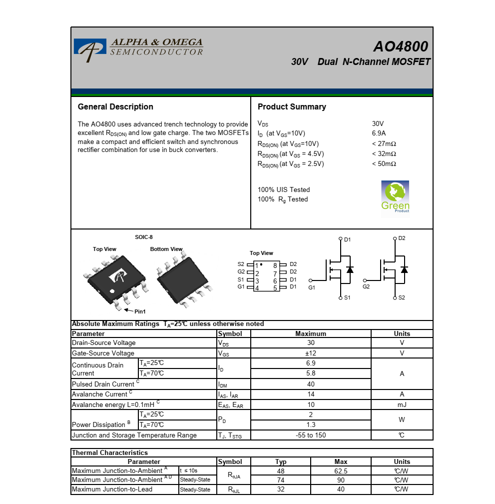 AO4800美国万代SOIC-8封装，长期供货稳定