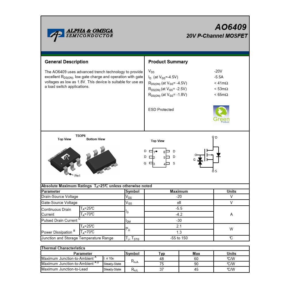 全新供应AO6409封装TSOP6品牌美国万代