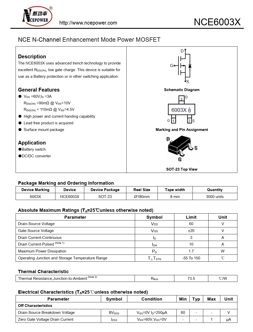 NCE6003X封装SOT23-3品牌新洁能，质量可靠