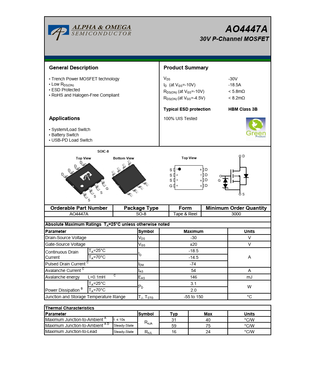 原装现货AO4447A封装SOIC-8品牌美国万代，质量可靠