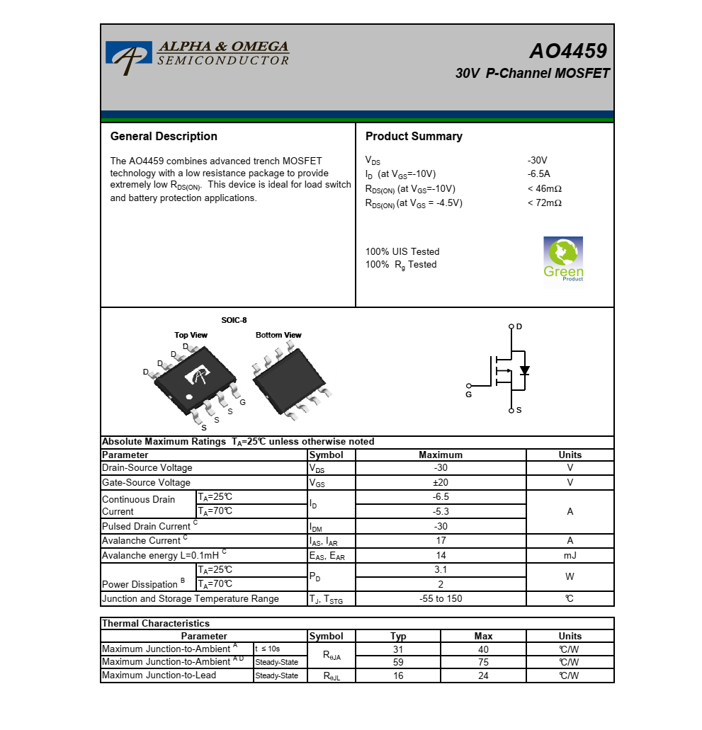 原装供应AO4459，封装SOIC-8品牌美国万代，技术支持