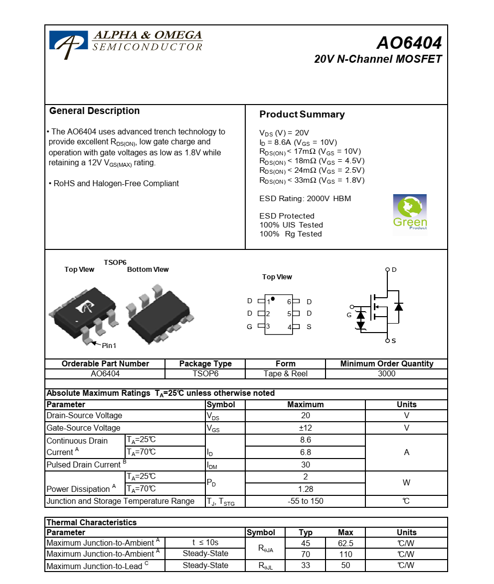 全新现货AO6404封装TSOP6品牌美国万代，质量可靠