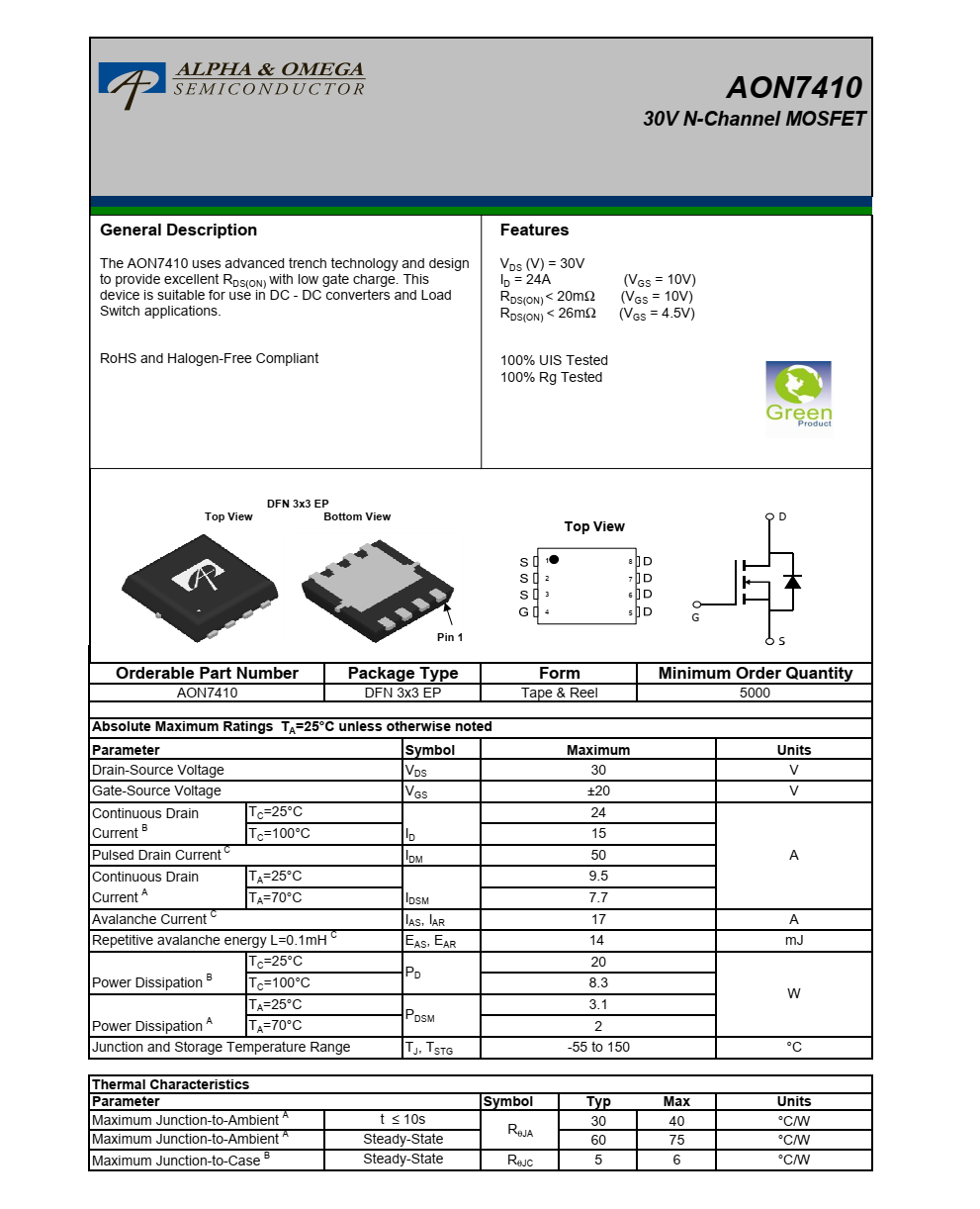 全新正品供应AON7410封装DFN3*3品牌美国万代
