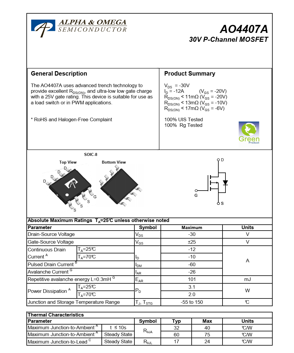 AO4407A品牌美国万代SOIC-8封装，原厂技术支持