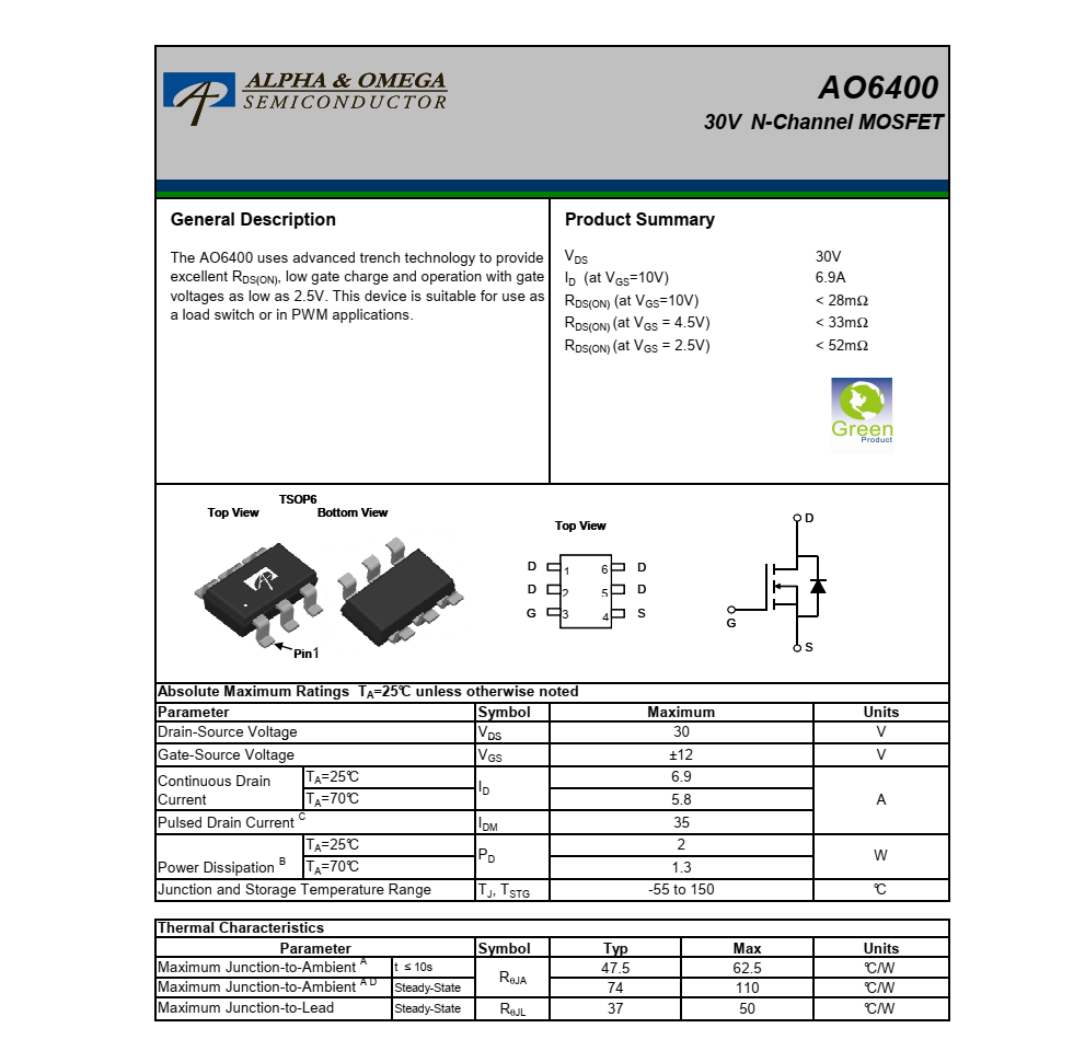 全新现货AO6400封装TSOP6品牌美国万代