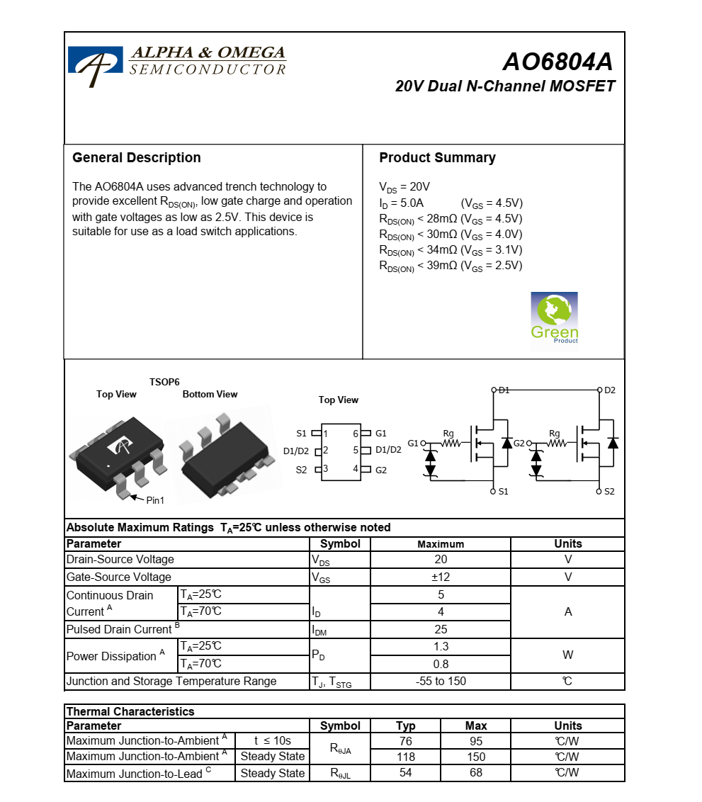 AO6804A美国万代TSOP6封装，全明星技术支持