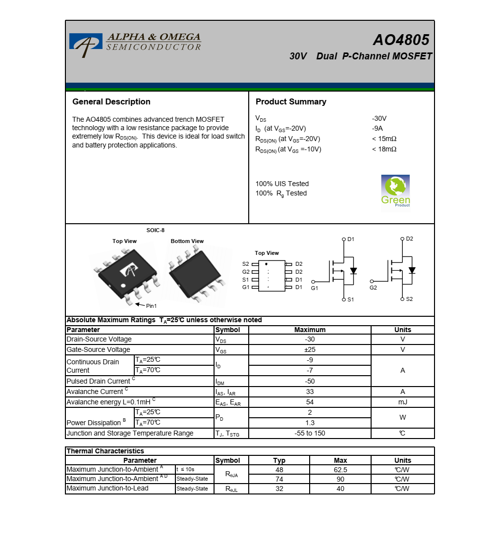 AO4805品牌美国万代SOIC-8封装，原厂技术支持