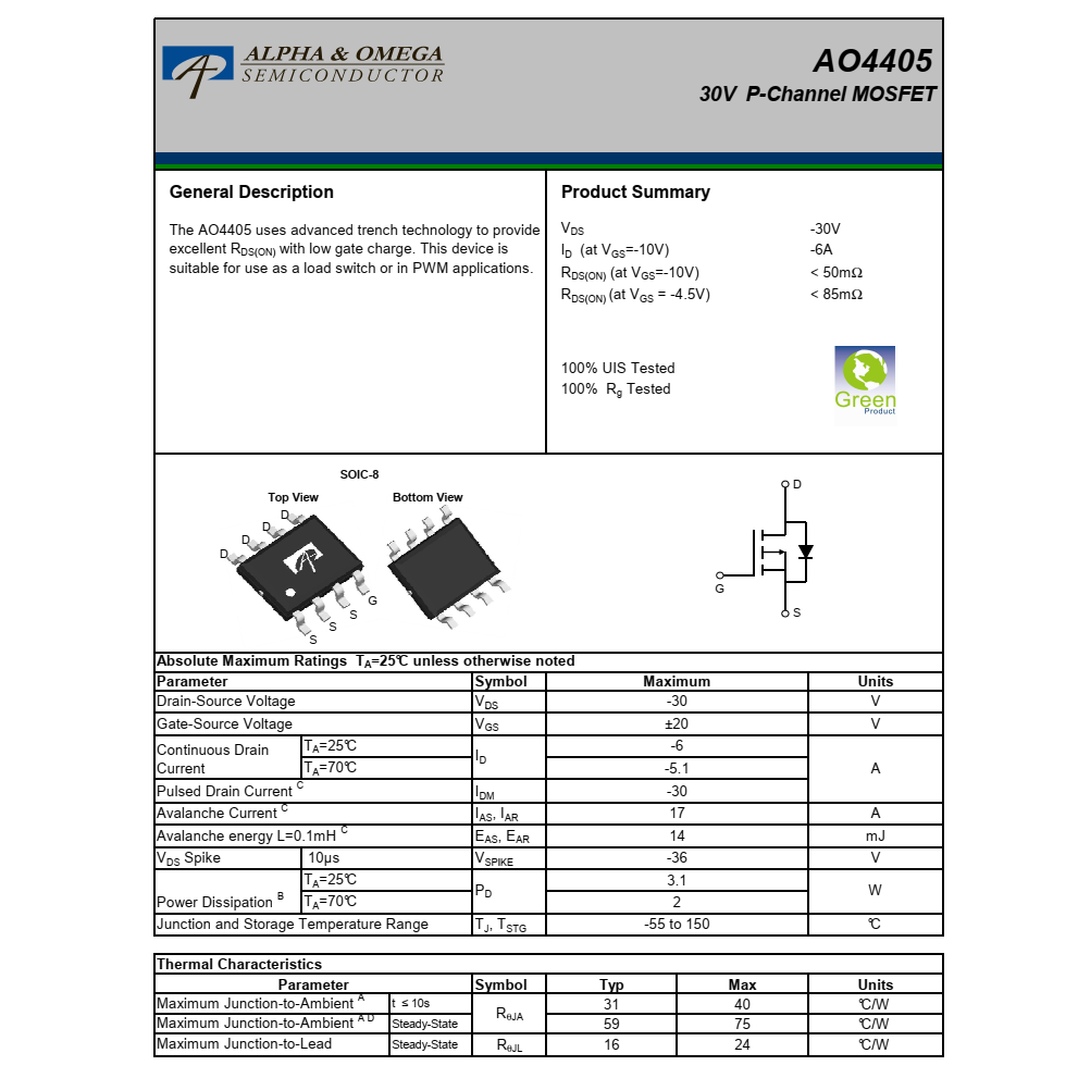 原装现货AO4405品牌美国清淡SOIC-8封装，技术支持