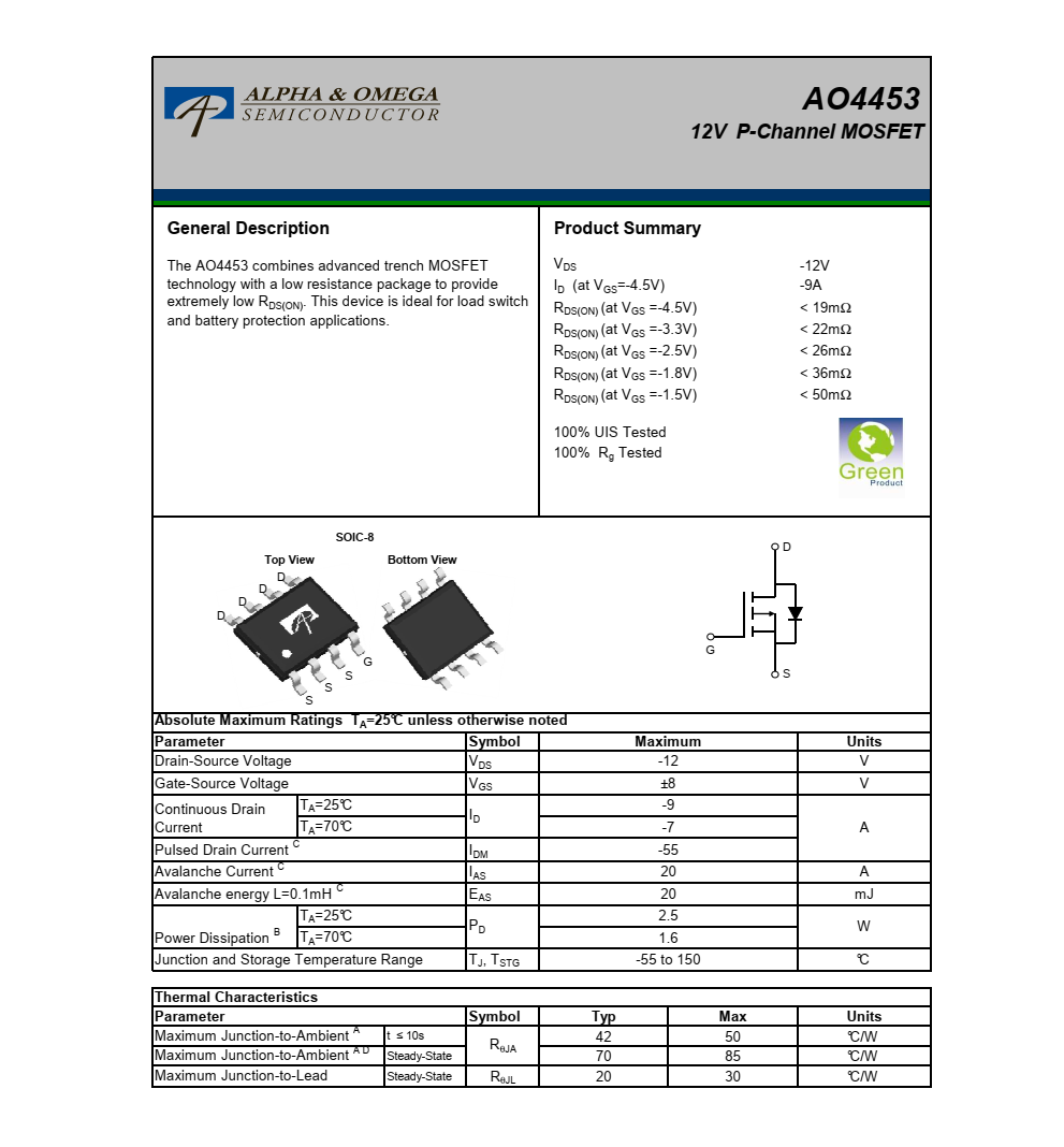AO4453美国万代SOIC-8封装，质量可靠，价格优势