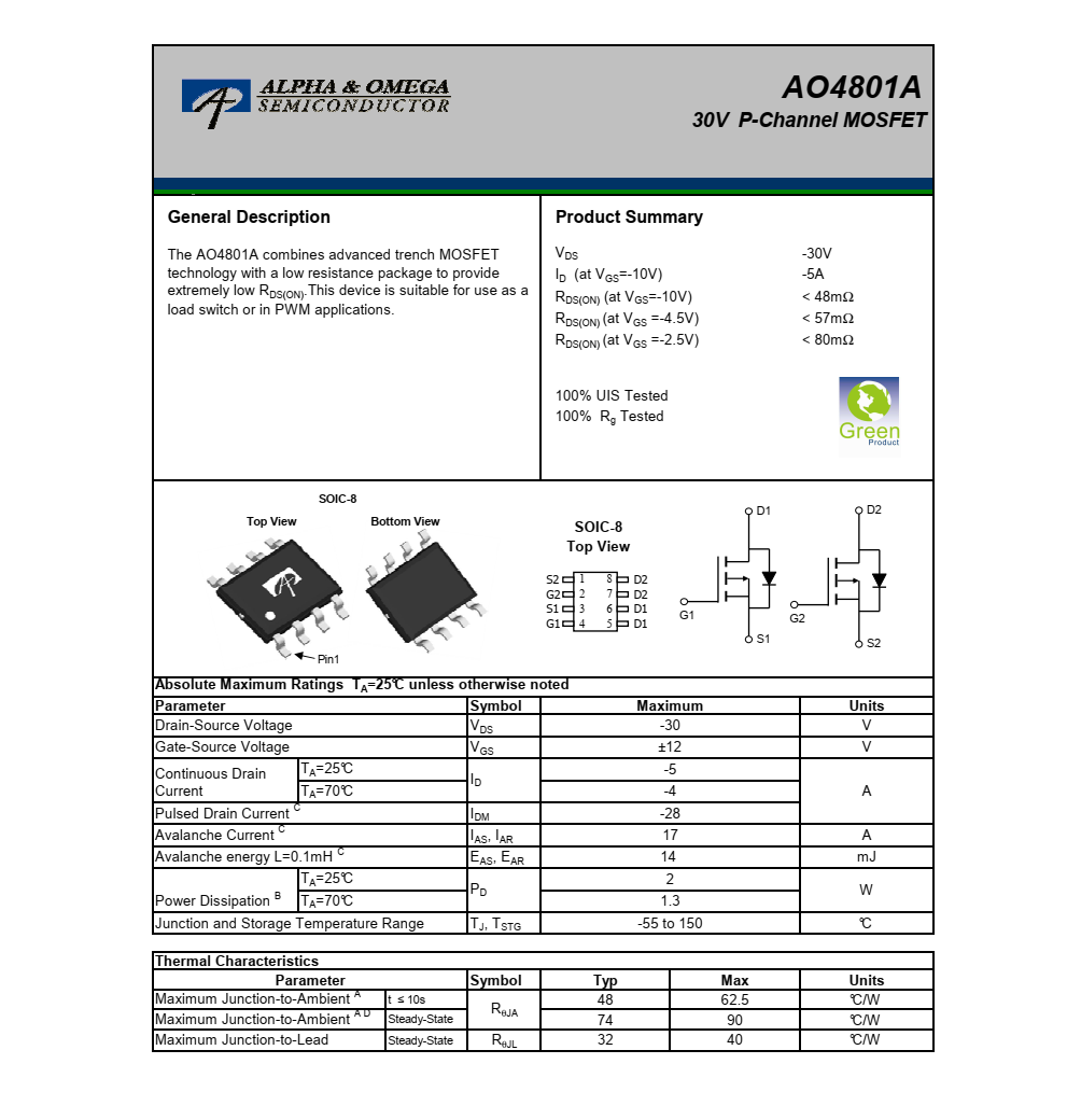 AO4801A美国万代SOIC-8封装，原厂技术支持
