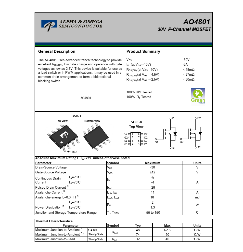 全新供应AO4801封装SOIC-8品牌美国万代，质量可靠